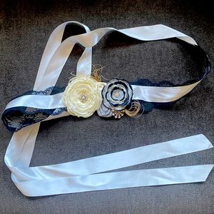 Satin Ribbon Floral Embellished Sash - Wedding Formal - Natural Gray Black 122”